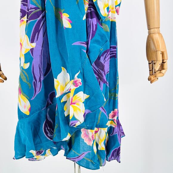 Vintage 70s/80s Plain Jane Esprit Turquoise Purple Tropical Floral - Picture 3 of 7